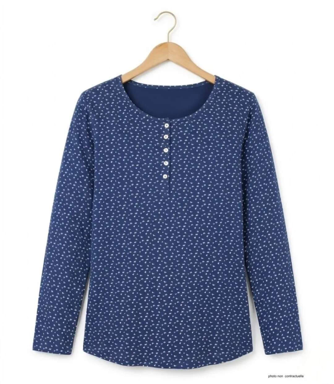MAYFLOWER NOBEL3 : Tee-shirt manches longues bleu imprimé avec col rond boutonné-2