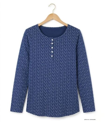 MAYFLOWER NOBEL3 : Tee-shirt manches longues bleu imprimé avec col rond boutonné