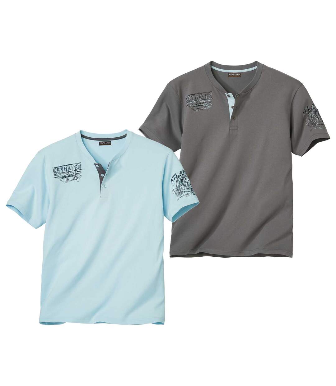 Pack of 2 Men's Button-Collar T-Shirts - Blue Grey  Atlas For Men