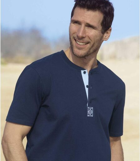 Pack of 3 Men's Button-Neck T-Shirts - Blue Navy Coral 