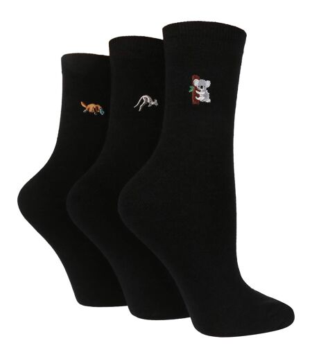 Wild Feet - 3 Pk Ladies Embroidered Animal Cotton Socks
