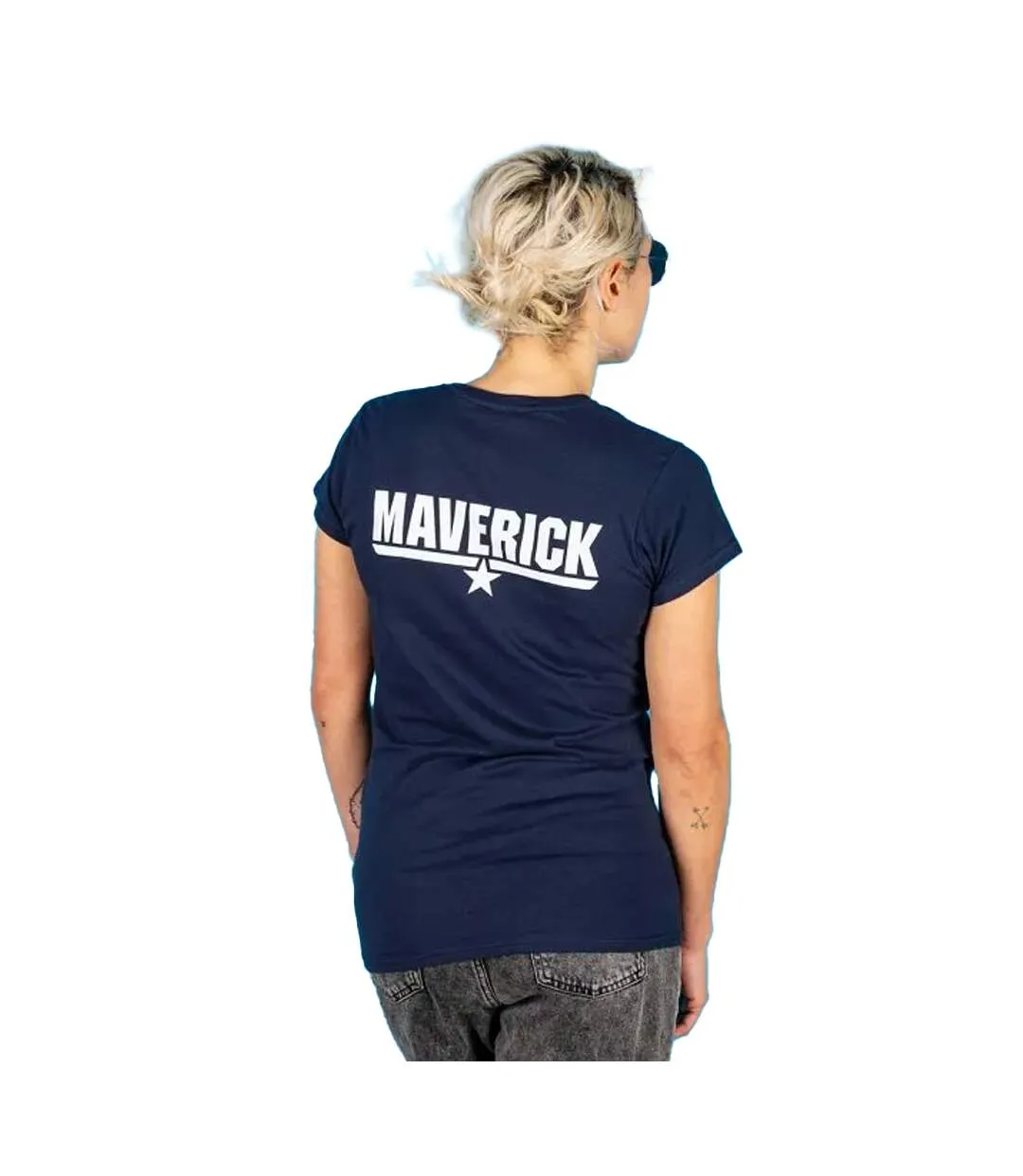 Womens/ladies Maverick Back Print Fitted T-shirt Blue Top Gun-4