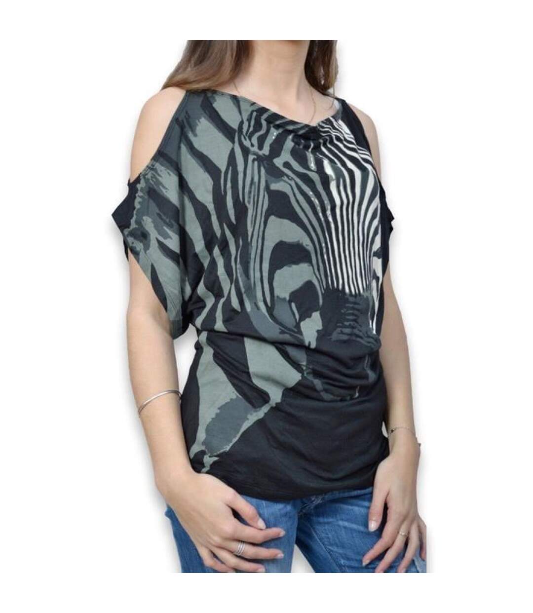 Tee shirt femme manches courtes motifs asymétriques couleur noire