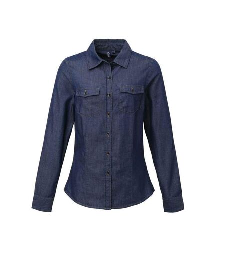 Womens/ladies Denim Jean Style Stitching Shirt Indigo Denim Premier