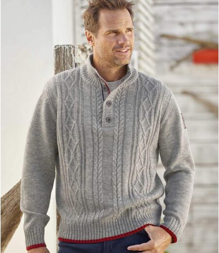 Men's Button-Neck Knit Sweater - Grey
