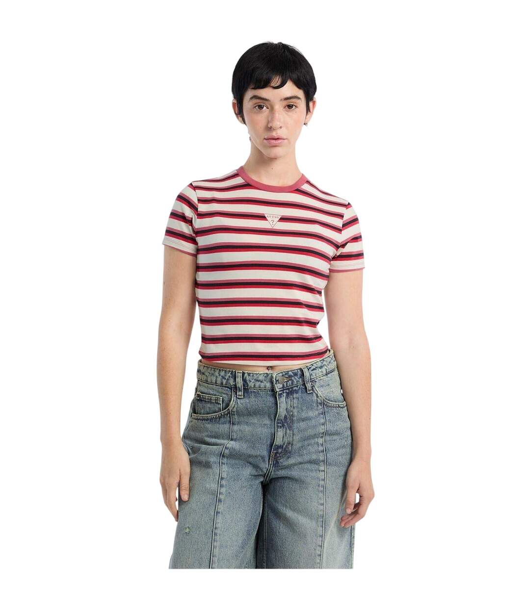 T-shirt Court Motif/style Rayé Femme Rose Vif Guess-1