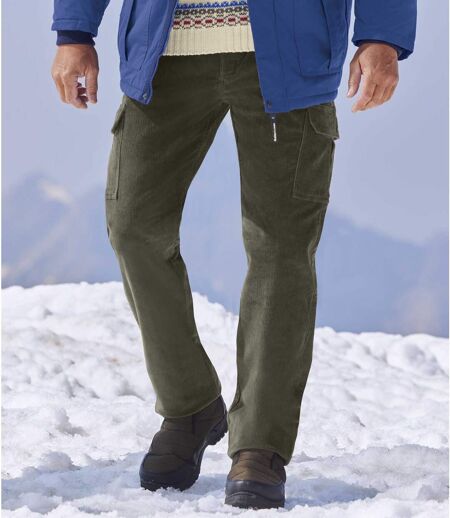 Men's Khaki Corduroy Cargo Trousers - Elasticated Waistband