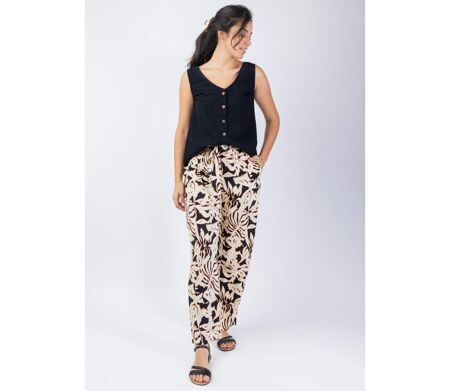Pantalon fluide femme été Maly motif ethnique noir et beige Coton Du Monde
