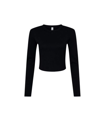 Womens/ladies plain micro-rib long-sleeved crop top solid black Bella + Canvas