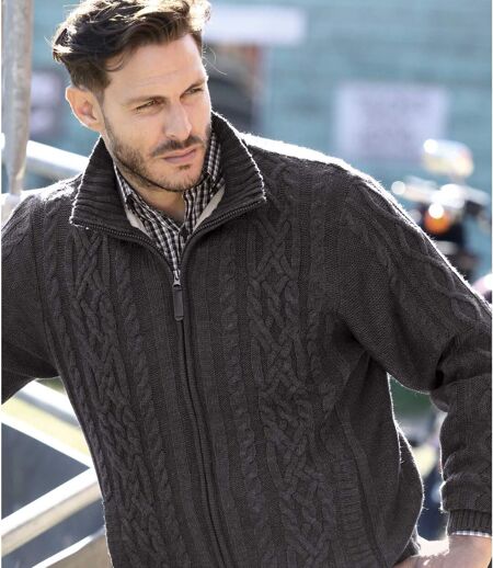 Men's Grey Fleece-Lined Knitted Jacket - Full Zip