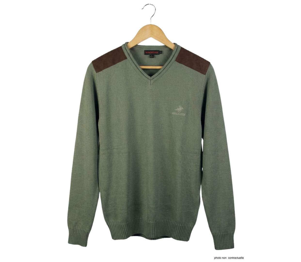 Pull Col V Homme Winchester Panel2 Vert Marine avec Renforts Suédine-5