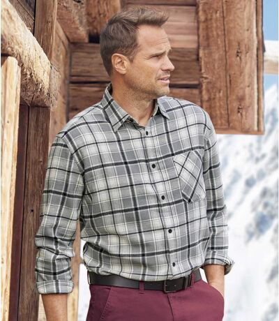 Men's Winter Checked Flannel Shirt - Grey Ecru Black