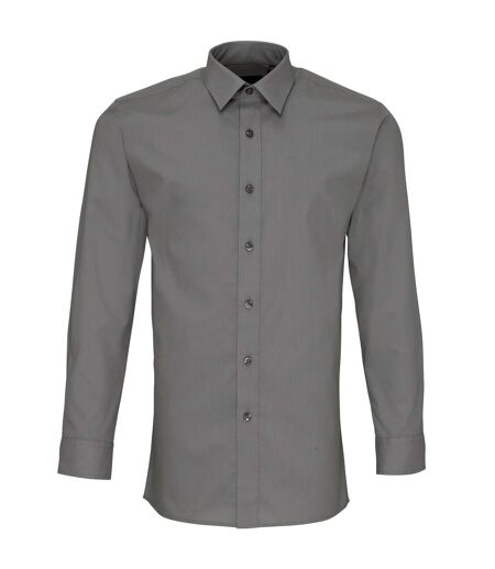 Premier Mens Long Sleeve Fitted Poplin Work Shirt (Dark Grey)