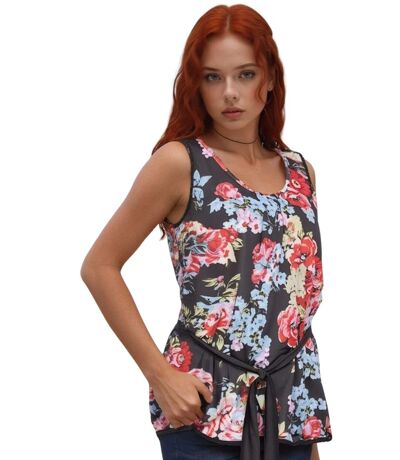Blouse féminine sans manches à bretelles larges - Motif floral chic - Col rond