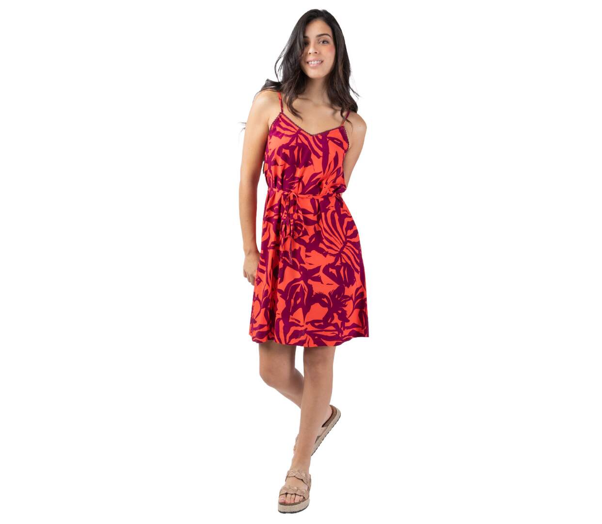Robe courte fluide fines bretelles AMAYA motif ethnique orangé Coton Du Monde-1