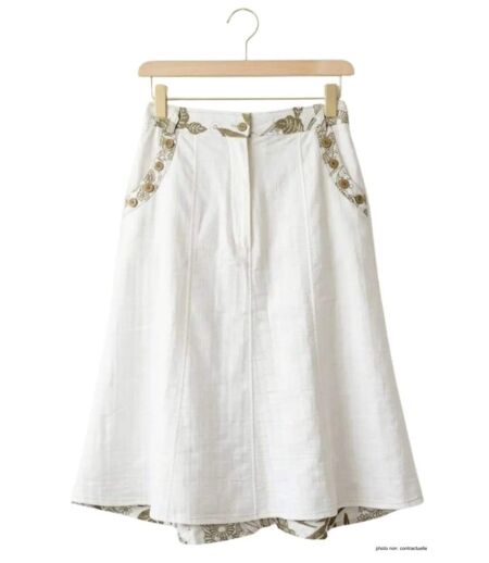 MAYFLOWER PF334 - Jupe longue ample pour femme : le charme d'un imprimé fleuri kaki et blanc