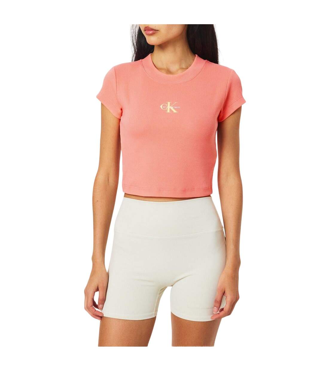 Womens/ladies Mono Ribbed Crop T-shirt Powder Calvin Klein-3