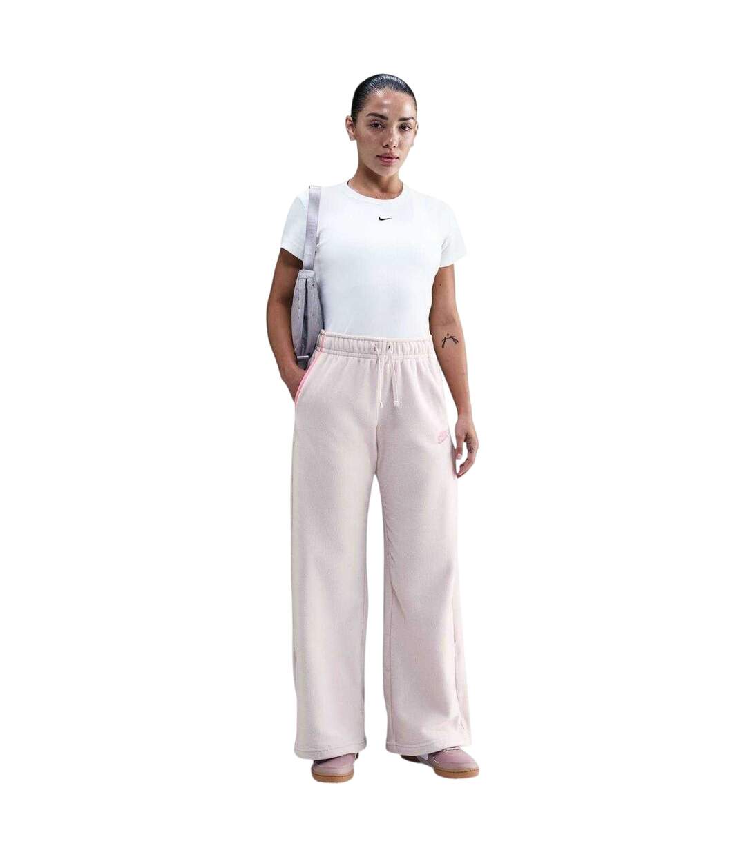 Womens/ladies Sportswear Club Fleece Wide Leg Mid Rise Joggers Cream Pink Nike-1