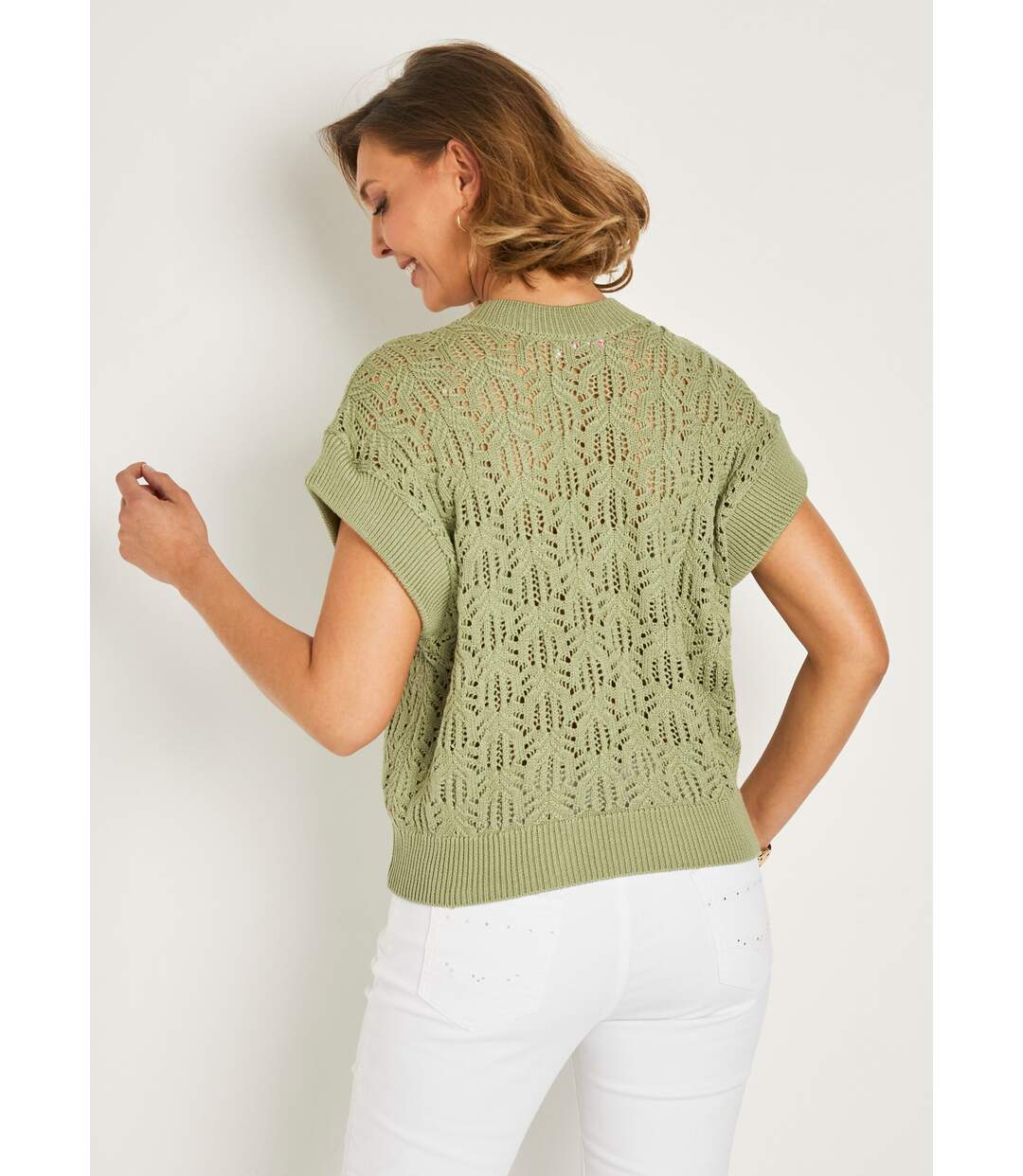 Pull maille ajourée manches courtes-2