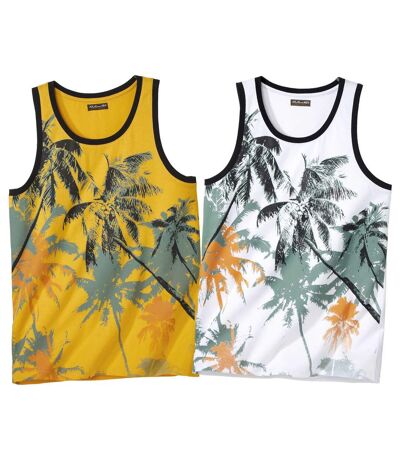 Pack of 2 Men's Palm Tree Printed Vest Tops - Yellow White