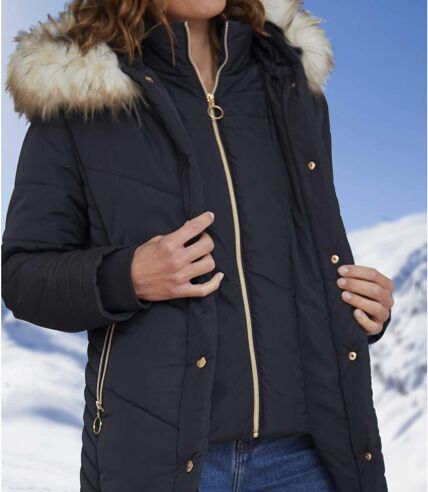 Women's Water-Repellent Navy Puffer Jacket - Faux-Fur Hood - Full Zip