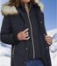 Women's Water-Repellent Navy Puffer Jacket - Faux-Fur Hood - Full Zip