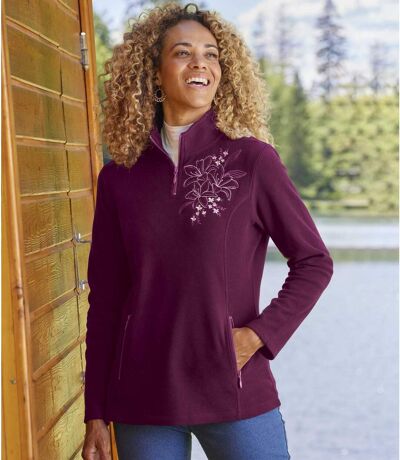 Women's Embroidered Microfleece Pullover - Plum
