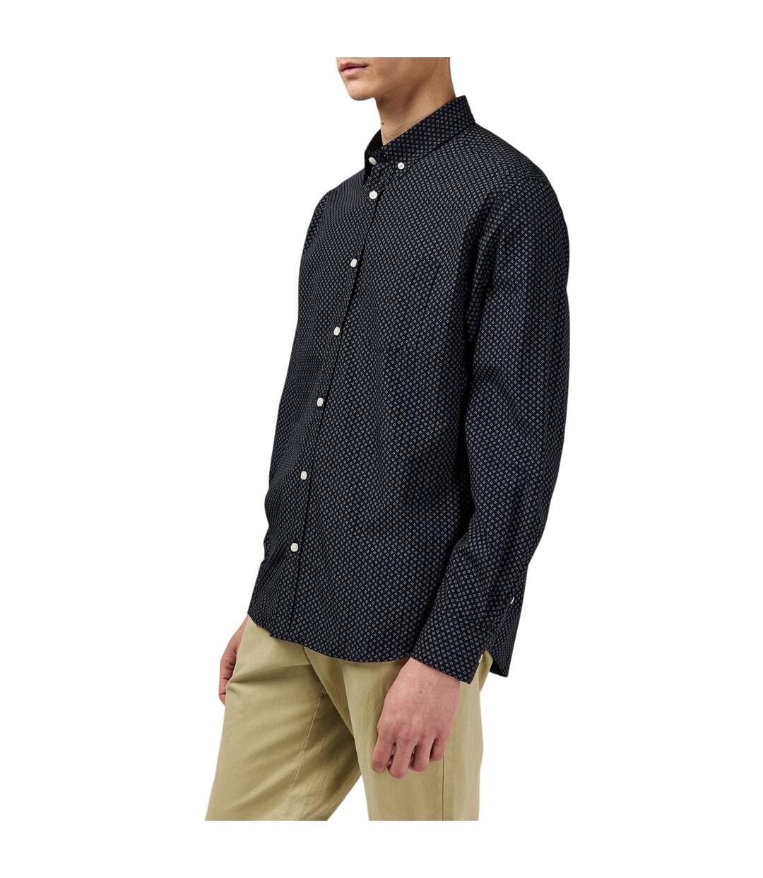 Mens Patterned Poplin Long-sleeved Shirt Black Fabric-3