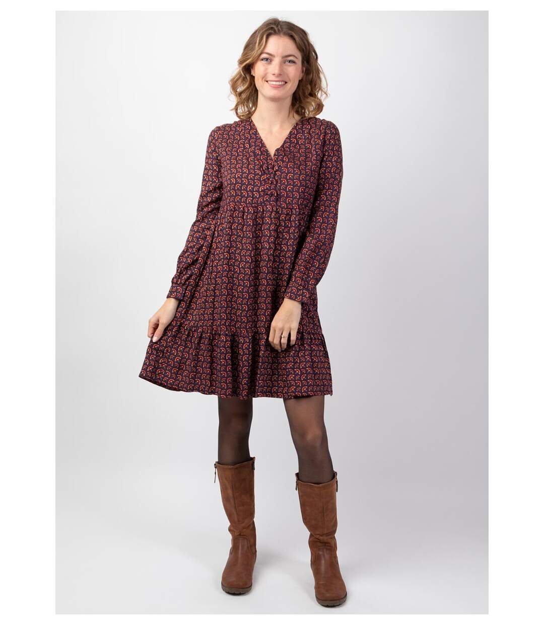 Robe courte manches longues en viscose épais FLORA motif ethnique prune Coton Du Monde