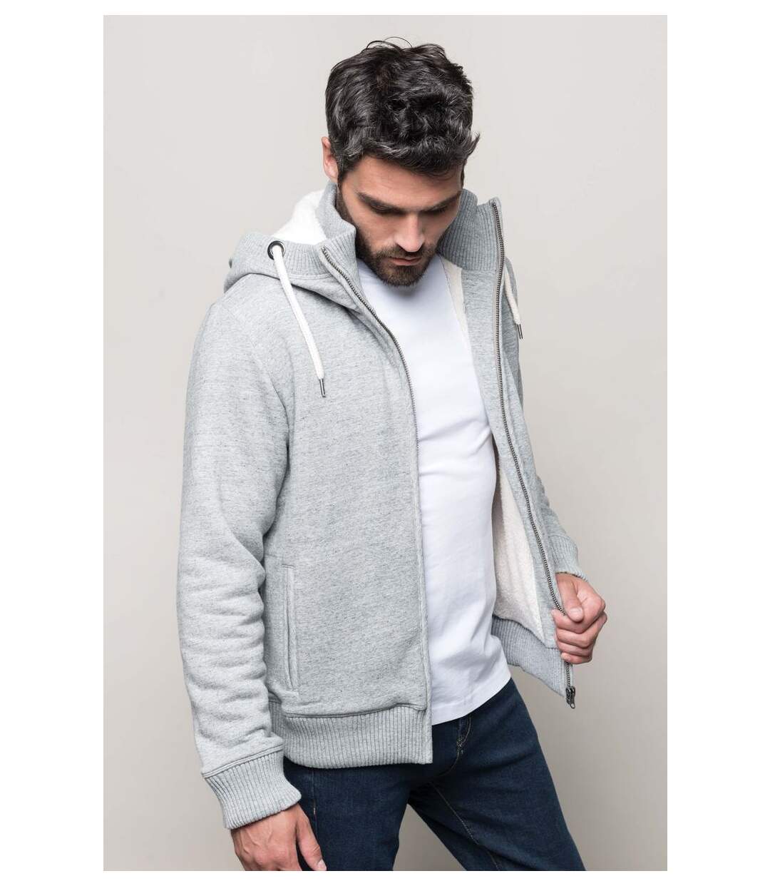 Veste molleton doublée sherpa - homme - KV2312 - gris clair - avec capuche-4