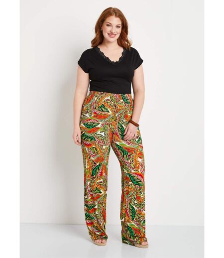 Pantalon ceinture élastiquée motif feuillage