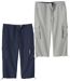 Pack of 2 Men's Cropped Cargo Pants - Elasticated Waist - Navy Gray