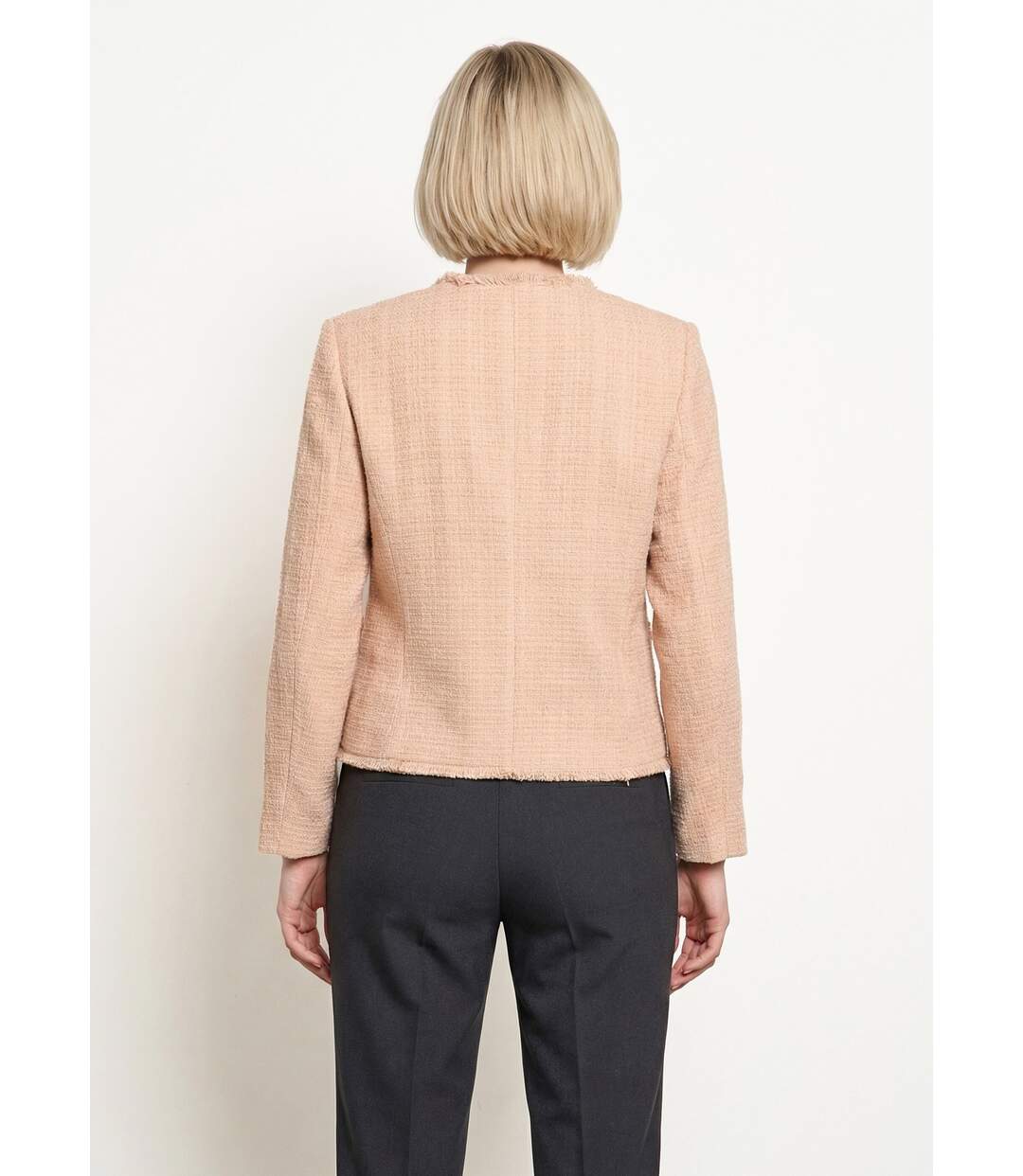 Veste tweed boutonnée frangée sans col-2