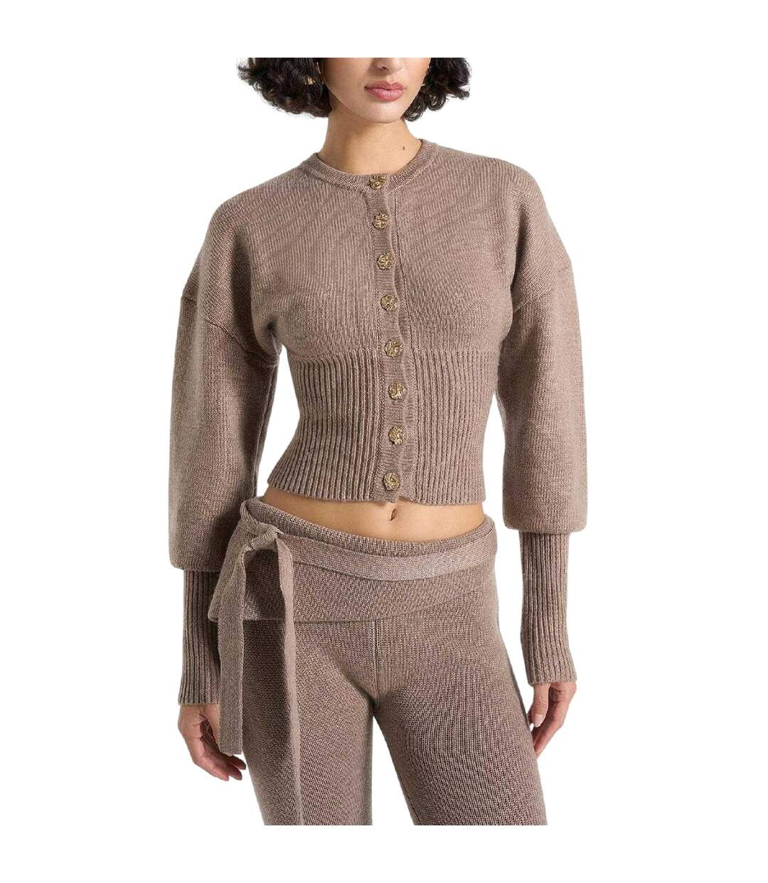 Womens/ladies Knitted Cinched Waist Cardigan Beige Maniere De Voir-3