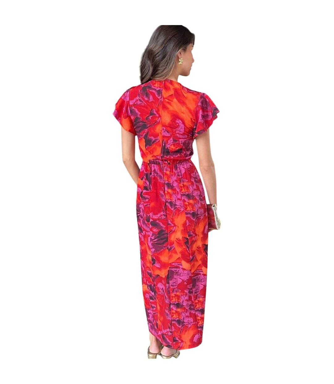 Robe Mi-longue Manches Volantées Motif/style Floral Femme Orange AX Paris-3