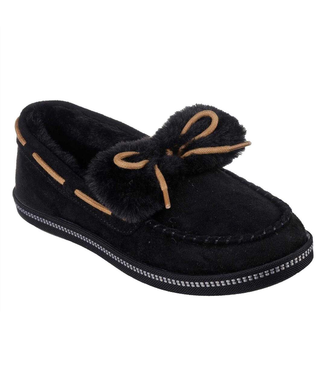 Womens/ladies Bow Faux Fur Trim Moccasin Slippers Black Skechers-1