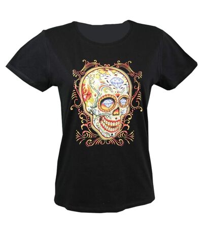 T-shirt femme manches courtes - Tête de mort diamant 10606 - noir