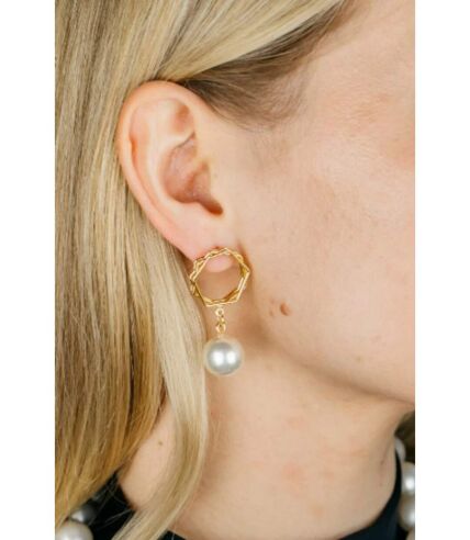 Silver Hexagon Freshwater Single White Large Pearl Dainty Drop Dangle Stud Earring