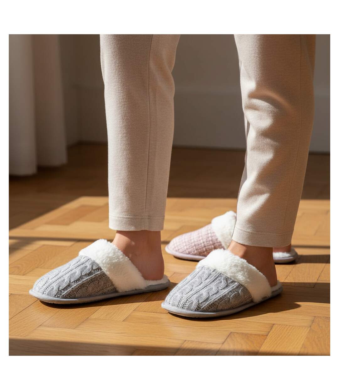 OZABI Pack 2 Paires Mules Femme Tricot Torsadé Bord Fausse Fourrure-2