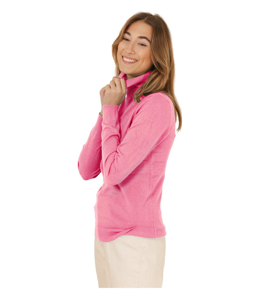 Pull femme manches longues  col roulé couleur rose.