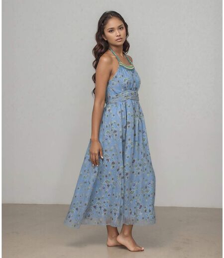 Robe longue femme sans manches imprimé floral bleu - Dos nu à  volants et perles - Style estival élégant