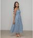 Robe longue femme sans manches imprimé floral bleu - Dos nu à  volants et perles - Style estival élégant-4