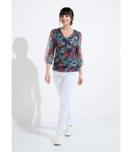 T-shirt col V maille dentelle imprimée