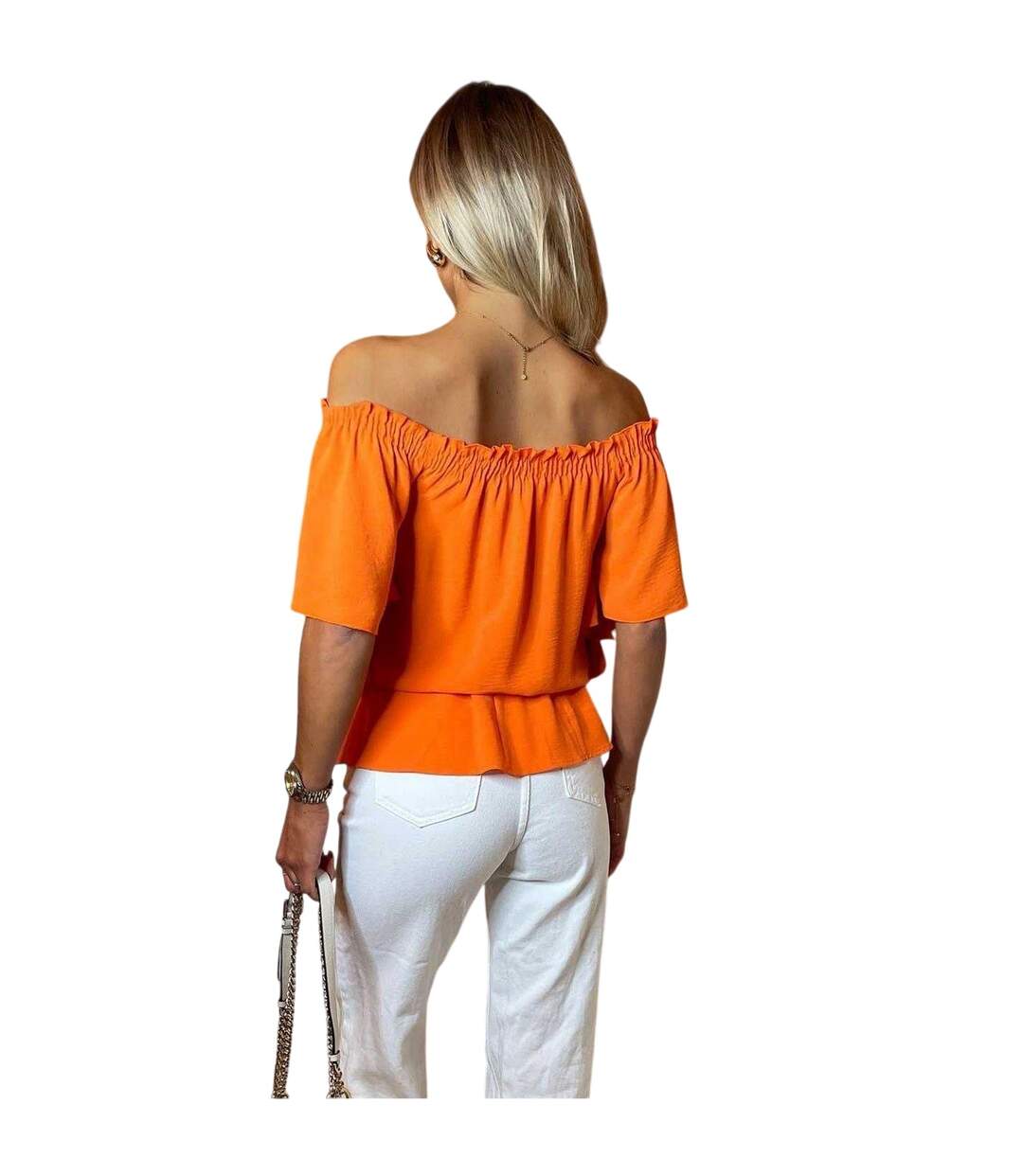 Womens/ladies Ruffle Hem Bardot Top Orange AX Paris-3