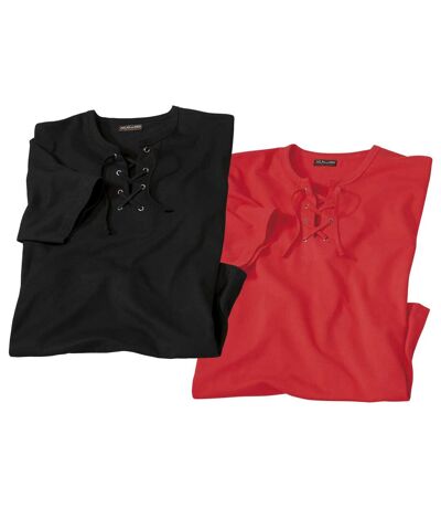 Pack of 2 Men's Summer Lace-Up T-Shirts - Black and Coral