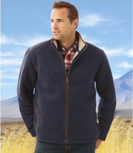Men's Navy Blue Outdoor Fleece Jacket with Sherpa Lining - Full Zip