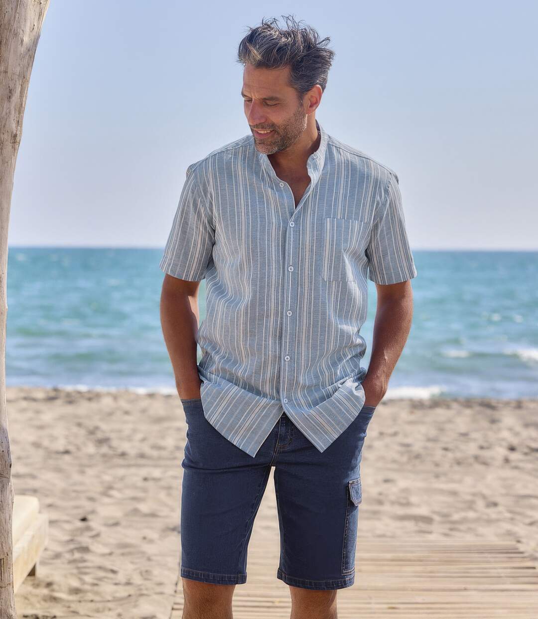 La Chemise Col Mao en Coton Lin Rayée-2