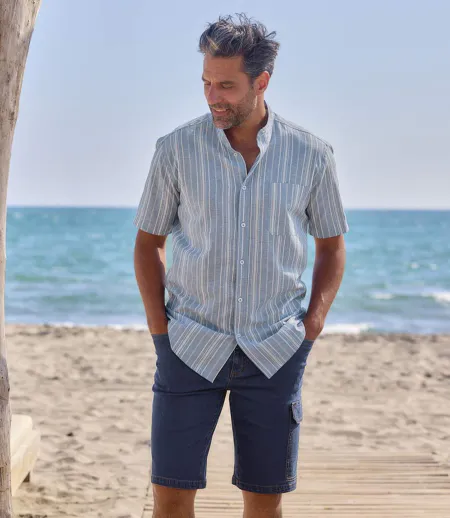 La Chemise Col Mao en Coton Lin Rayée