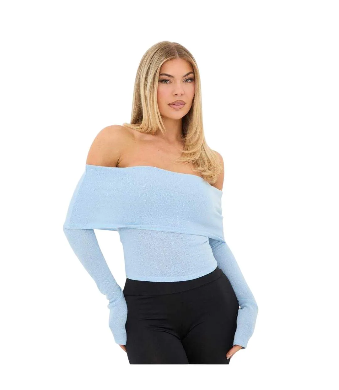 Womens/ladies Jersey Fitted Long-sleeved Bardot Top Blue I Saw It First-2