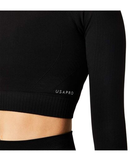Womens/ladies Seamless Long-sleeved Crop Top Black USA Pro